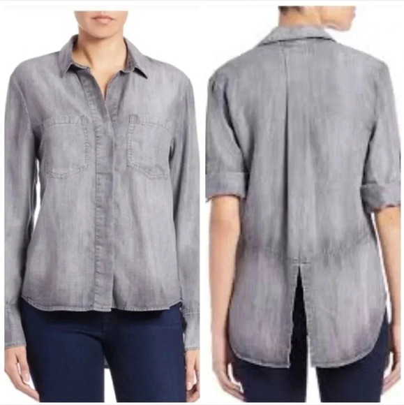Cloth & Stone Anthro Size S Shirt Gray Chambray Tencell Split Back Roll Tab - Picture 1 of 7